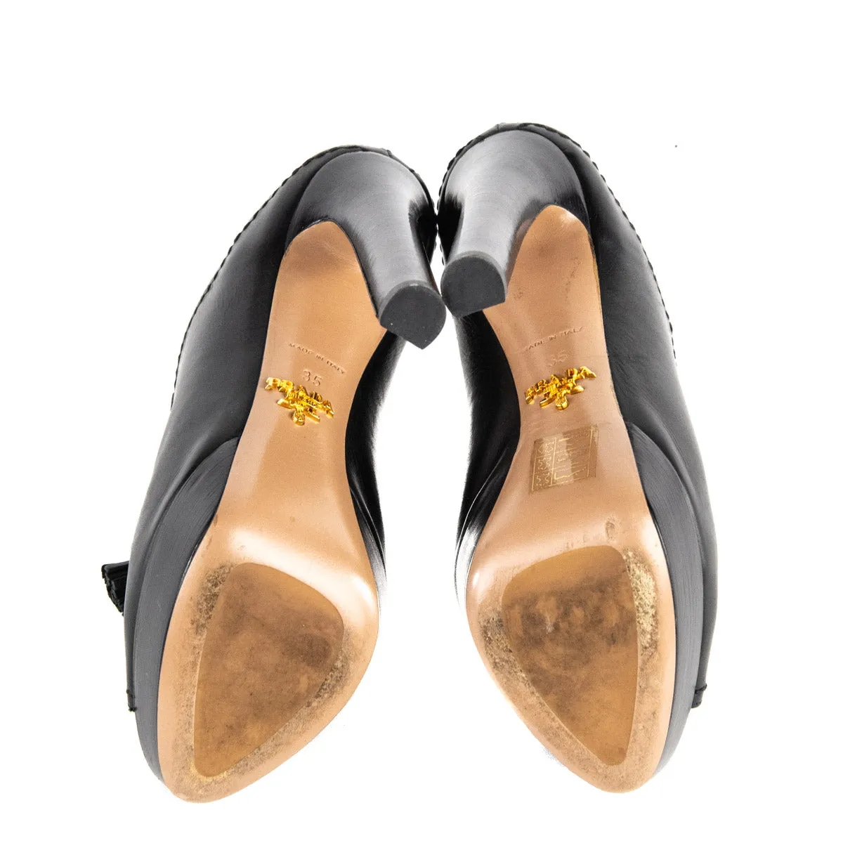 Prada Black Tassel Platform Peep Toe Mules Size US 5 | EU 35